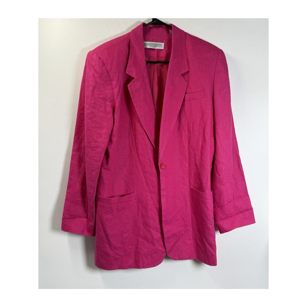 Amanda Smith Pink Linen Blazer Size 12 Lightweight Preppy Jacket Worn Flawed